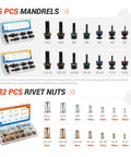 Rivet Nut Tool Kit 16 Inch Pro Grade Set With 15 Mandrels And 182 Rivet Nuts, SAE and metric sizes displayed with case