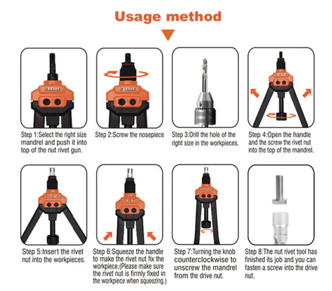 Usage instructions for 16 Inch Rivet Nut Tool Kit With 7 Interchangeable Mandrels M3 To M12 And 70 Rivet Nuts In A Heavy Duty Carrying Case