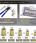 Pressure Rivet Nut Tool Kit, 430Pcs Metric Rivet Nut Combination (M8/M6/M5/M4/M3), installation tool and assortment box included