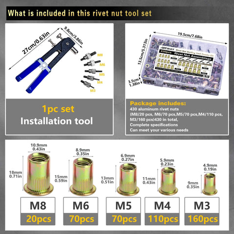 Pressure Rivet Nut Tool Kit, 430Pcs Metric Rivet Nut Combination (M8/M6/M5/M4/M3), installation tool and assortment box included