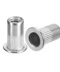 Rivet Nuts Thread Size 10 32 304 Stainless Steel Knurled Flat Head Threaded Inserts For Metal And Plastic 40 Pack, front and side view
