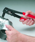 Person using Pro Grade Heavy Duty Riveter Kit With 120 Assorted Rivets, Portable Manual Pop Rivet Gun For 3/32 To 5/32 Inch Rivets, Extended Nose