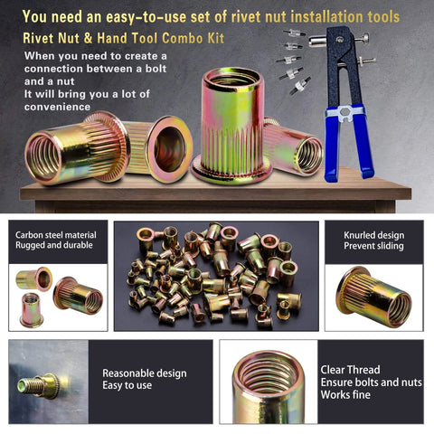 Pressure Rivet Nut Tool Kit, 430Pcs Metric Rivet Nut Combination (M8/M6/M5/M4/M3), shown with tools and assorted nuts