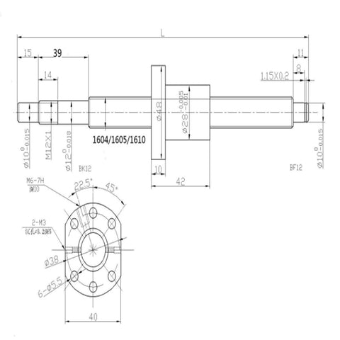 Technical drawing of RM1605 650mm Ballscrew with BK12 BF12 Supports for HGR20 Linear Rail & Ball Screw Kit