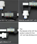 Three Quarter Inch Male Thread To One Quarter Inch OD PE Tube Push To Connect Straight Adapter For Plug And Play RO Water Filtration System Hose Double Joint Pre Purifier Water Purifier Plastic MNPT Fittings Set Of Three, shown with measurements