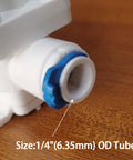 Close-up of RO system pressure relief regulator with 1/4 inch OD tube fitting.