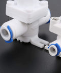 Close-up view of RO Water Pressure Regulator And Flow Regulator For Reverse Osmosis Systems One Quarter Inch Quick Connect Reducing Valve