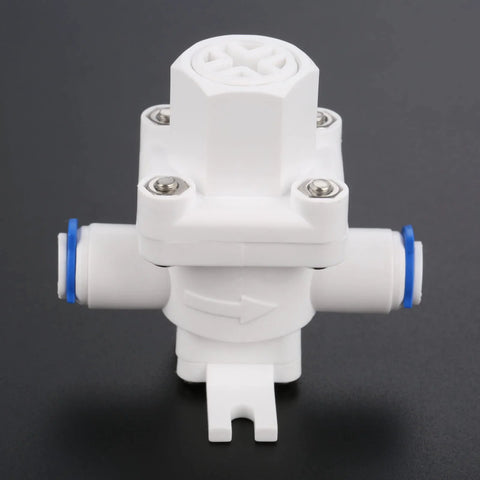 Front view of RO Water Pressure Regulator And Flow Regulator For Reverse Osmosis Systems One Quarter Inch Quick Connect Reducing Valve.