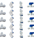 One Quarter Inch Quick Connect Push In Fittings Set Of 20 For RO Water Systems Includes Ball Valve Tee Inline L Type Connectors