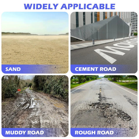 Four panels showing surfaces: sand, cement road, muddy road, and rough road, labeled widely applicable for different terrains.