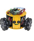 Omnidirectional Robot Wheel 3.94 Inch DIY Car Parts Flexible Maintenance on a yellow robotic car base with wiring and components.