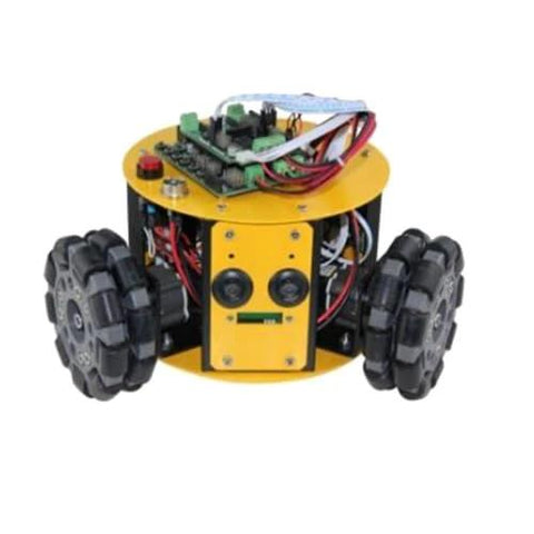 Omnidirectional Robot Wheel 3.94 Inch DIY Car Parts Flexible Maintenance on a yellow robotic car base with wiring and components.