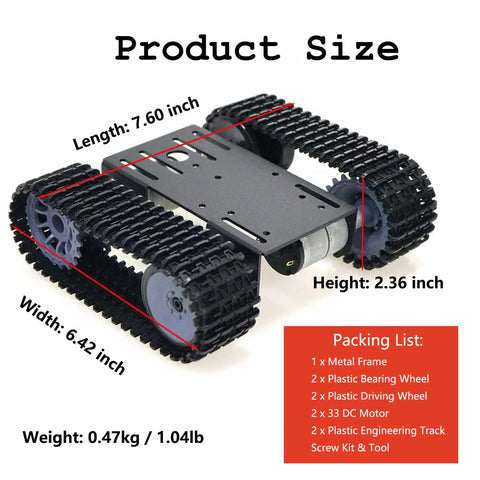 Robot Tracked Chassis Kit With Dual DC Motors for Arduino, shown with dimensions and component list, ideal for DIY projects.