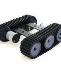 Robot Tracked Chassis Starter Kit With Two Tracks for Arduino Raspberry Pi shown with metal frame and rubber tank tracks.