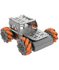 65mm Omni Directional Robot Wheel Set on a metal frame, high hardness plastic wheels with rubber grip in orange and gray, side to side movement