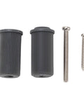Two black cylindrical rubber grips with two metal screws, parts for the 48mm Omnidirectional Wheel Double Row Multi Directional Wheel Replacement 14036.