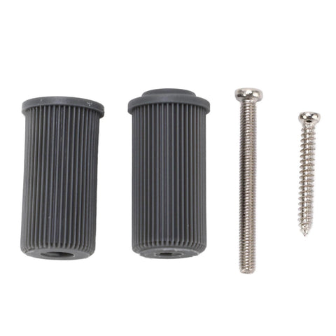 Two black cylindrical rubber grips with two metal screws, parts for the 48mm Omnidirectional Wheel Double Row Multi Directional Wheel Replacement 14036.