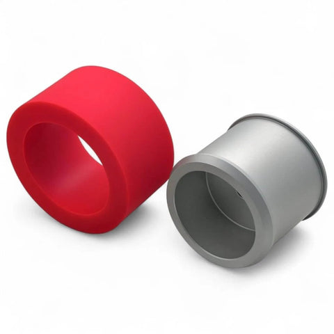 2pcs Robot Wheel Tires Pair with 51mm high grip polyurethane traction tires Shore 45A in red and silver color.