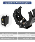 Mechanical Claw Gripper For Robotic Arm DIY Kit With Servo And Tester showing black design, high torque, for 500g grip, equipped with anti-blocking servo.