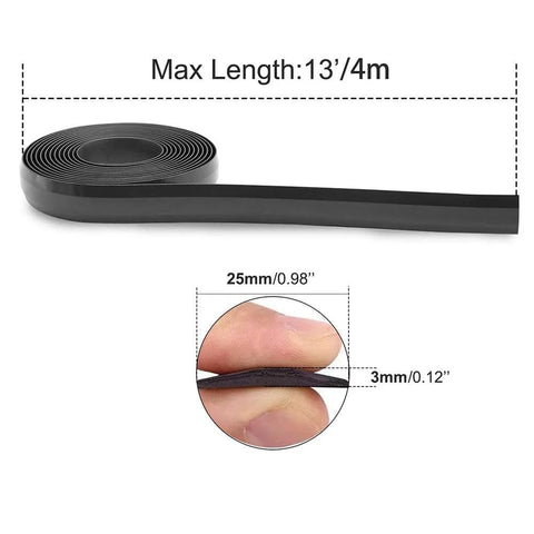 Magnetic Boundary Strips For Robotic Vacuum Cleaners, 13 Feet Of Tape Markers To Create No Go Zones For Older Models With Non App Mapping Or Lidar Navigation, Easy To Apply And Removable, Ideal For Classic RoboVac And Other Non Lidar Systems, show a roll of black tape with dimensions.