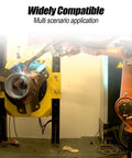 Industrial robotic arm welding a circular metal component, demonstrating wide compatibility and application versatility.