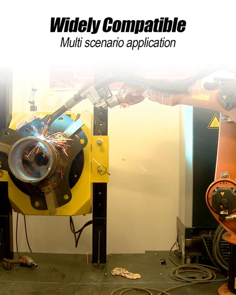 Industrial robotic arm welding a circular metal component, demonstrating wide compatibility and application versatility.