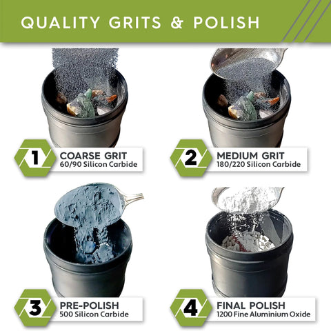 Rock Tumbler Grit And Ceramic Filler Refill Kit With Four Grit Stages showing coarse to final polishing grit and ceramic media.