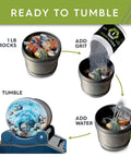 Steps showing how to use Rock Tumbler Grit And Ceramic Filler Refill Kit with four grit stages, adding grit and water to rocks.