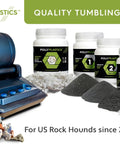 Four Step Rock Tumbler Grit and Polish Refill Kit includes four grit grades and a final polish next to rock tumbler and rocks.