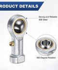 Close-up of Rod End Bearings 2 Pack PHSB4 1/4 Inch Bore, steel joint with self-lubricating feature, showing strong 45# steel material.