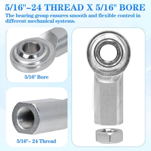 5/16 x 5/16-24 Rod End Bearing Heim Joint Kit with female thread, stainless rod ends, chromoly construction, and jam nuts