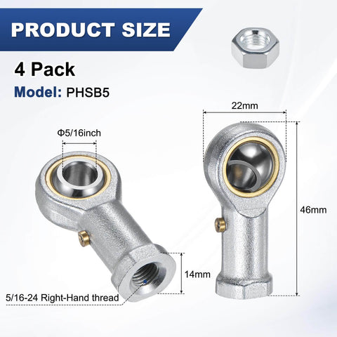Heavy Duty Rugged Rod End Bearing 4 Pack Five Sixteenth Inch Bore Five Sixteenth Twenty Four Right Hand Thread Self Lubricating Female Thread Steel Joint With Jam Nuts For Forging Machines CNC Equipment And Automotive Linkages diagram.