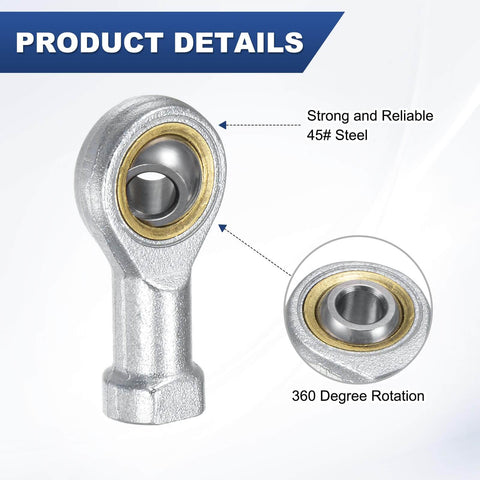 Close-up of 2-Pack PHSA6 Rod End Bearing Workhorse With 3/8 Bore And 3/8-24 Right Thread, highlighting 360-degree rotation, steel material.