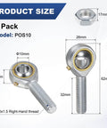 Diagram showing dimensions of Tough as Nails Rod End Bearings 4 Pack POS10 M10x1.5 Right Hand Thread with lock nuts, 10mm bore.