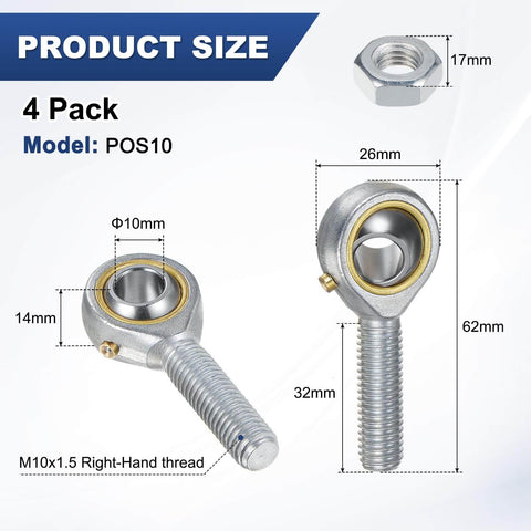 Diagram showing dimensions of Tough as Nails Rod End Bearings 4 Pack POS10 M10x1.5 Right Hand Thread with lock nuts, 10mm bore.