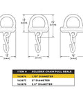Rodent Proof Pull Chain Seal For Dock Levelers 1.75 Inch Solid Cast Aluminum Stops Mice And Rats Replaces Standard Ring Essential Pest Prevention For Businesses And Commercial Property Xcluder shown in sizes 1.75, 2, 2.5 inches