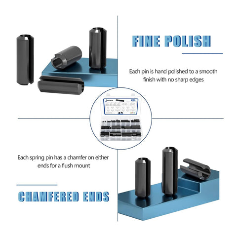 370 Piece Roll Pin Assortment Set For SAE Slotted Spring Pins with black oxide finish and chamfered ends, shown in detail.