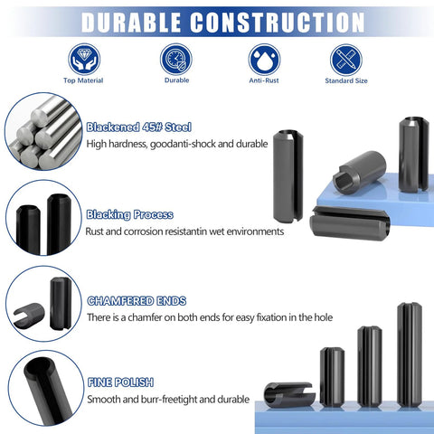 370 Piece Roll Pin Assortment Set For SAE Slotted Spring Pins, showing black oxide steel pins and durable construction features