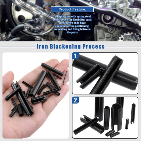 Roll Pin Assortment Kit Glarks Must Have 405 Pieces In 27 Sizes Slotted Spring Pins for home and auto repair, showcased in hand and close-up view.