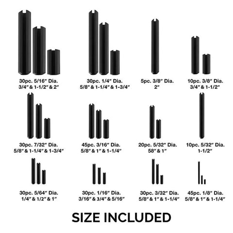 Roll Pin Assortment Set With Storage Case 315 Pieces SAE Sizes Slotted Spring Steel Black Oxide Finish for various sizes displayed