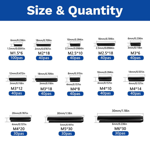 Size chart for Roll Pin Set 550 Pcs Assortment Kit with slotted tension pins in 13 sizes, pro grade steel with black oxide finish.