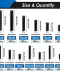 Roll Pin Assortment Kit With 440 Slotted Spring Pins In 13 Sizes M1.5 To M6, Carbon Steel With Black Oxide Finish, Size Chart