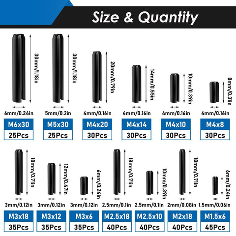 Roll Pin Assortment Kit With 440 Slotted Spring Pins In 13 Sizes M1.5 To M6, Carbon Steel With Black Oxide Finish, Size Chart