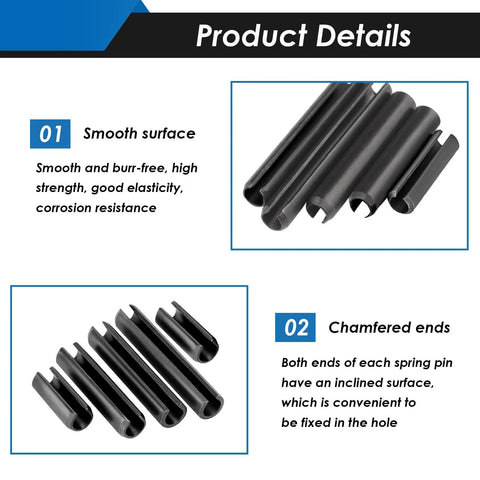 Roll Pin Assortment Kit With 440 Slotted Spring Pins In 13 Sizes M1.5 To M6, Carbon Steel With Black Oxide Finish, product details.