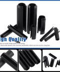 Huge 230 Piece Roll Pin Set In 11 Sizes For DIY Home Improvement And Auto Repair; close-up of black slotted spring pins M2-M10.