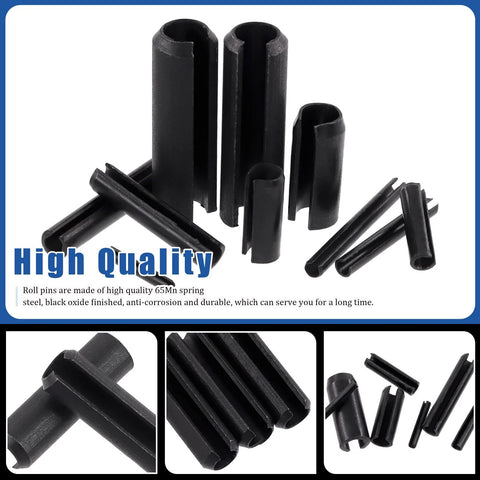 Huge 230 Piece Roll Pin Set In 11 Sizes For DIY Home Improvement And Auto Repair; close-up of black slotted spring pins M2-M10.