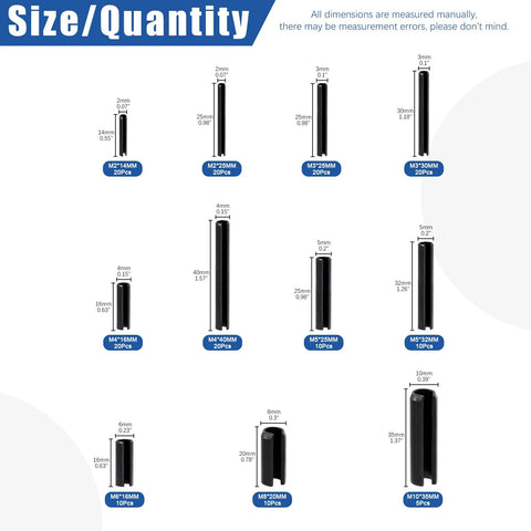 Diagram of size and quantity for Huge 230 Piece Roll Pin Set In 11 Sizes For DIY Home Improvement And Auto Repair by Glarks.