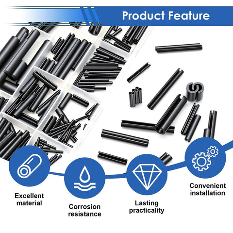 Roll Pin Set 230Pcs SAE Inch Slotted Spring Pins Assortment Kit for Home Improvement and Auto Repair includes ten sizes, shown with features.