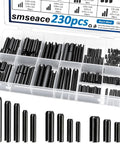 Roll Pin Set 230Pcs SAE Inch Slotted Spring Pins Assortment Kit in durable plastic box with SAE sizes from 1/16 to 3/8 inch.