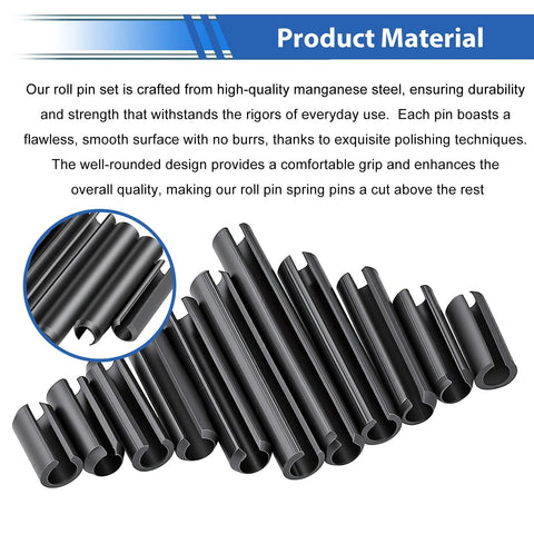 Close-up of Roll Pin Set 230Pcs SAE Inch Slotted Spring Pins showcasing manganese steel material and smooth finish for durability.